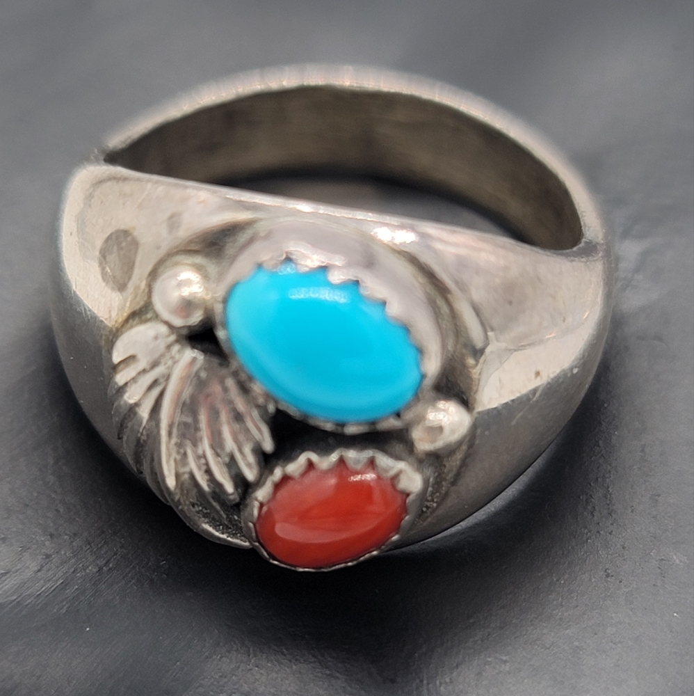 Sterling Silver Turquoise and Red Coral Ring - Picture 3 of 4